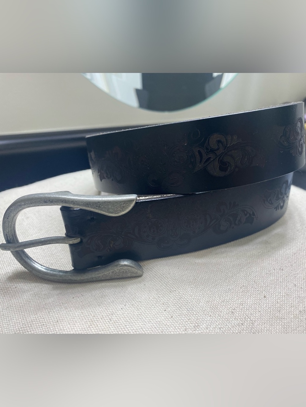 Timberland Black Brown Genuine Leather Floral Embossed Belt Size Small